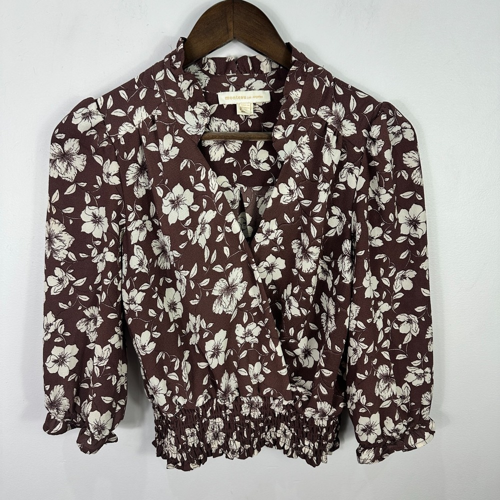 Monteau Blouse M Brown Floral Faux Wrap Cottagecore Dark Romantic Feminine Top